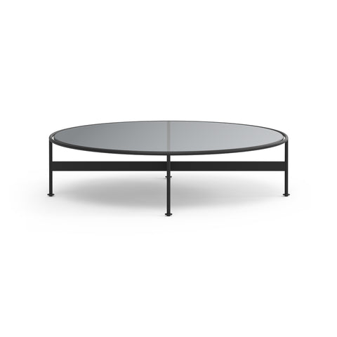 DK3 Baia Coffee and Side Table in Black Steel, low round glass coffee table with a graphite glass top on black steel rods, large size on white