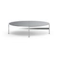 DK3 Baia Coffee and Side Table in Chrome, low round glass coffee table with a graphite glass top on slim chrome rods, large size on white