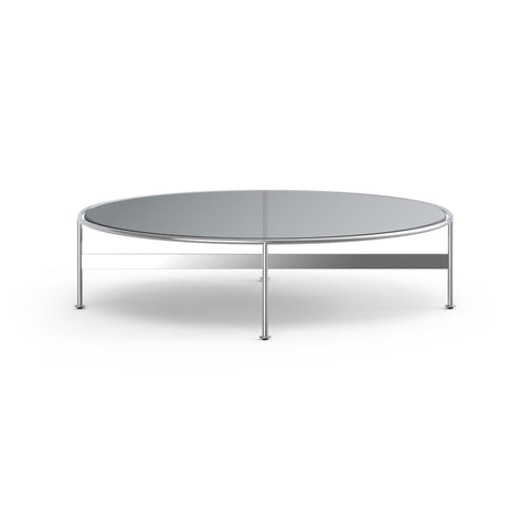 DK3 Baia Coffee and Side Table in Chrome, low round glass coffee table with a graphite glass top on slim chrome rods, large size on white