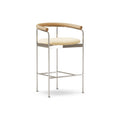 DK3 Baia Counter Stool in Balmoral White 02, upholstered counter stool with oiled oak back and chrome frame, angled view on white