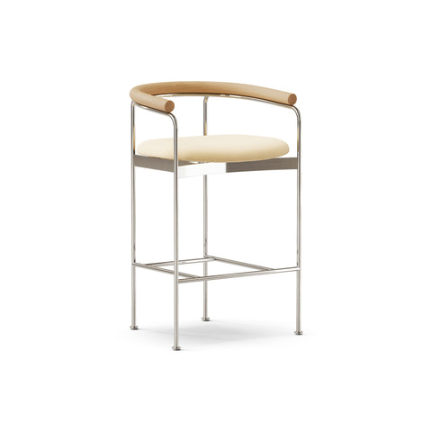 DK3 Baia Counter Stool in Balmoral White 02, upholstered counter stool with oiled oak back and chrome frame, angled view on white