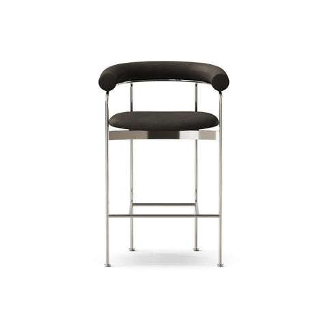 DK3 Baia Counter Stool in Rio Leather Black 0500, upholstered counter stool with upholstered back and chrome frame, front view on white