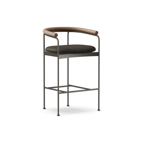 DK3 Baia Counter Stool in Rio Leather Black 0500, upholstered counter stool with walnut back and black steel frame, angled view on white