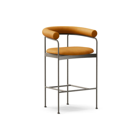 DK3 Baia Counter Stool in Rio Leather Cognac 2488, upholstered counter stool with upholstered back and black steel frame, angled view on white