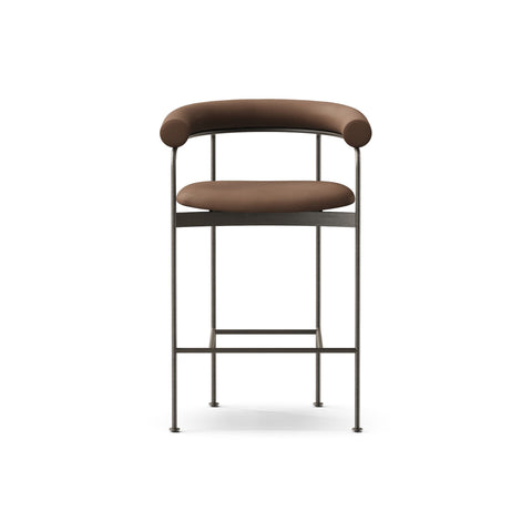 DK3 Baia Counter Stool in Rio Leather Mocca 2880, upholstered counter stool with upholstered back and black steel frame, front view on white