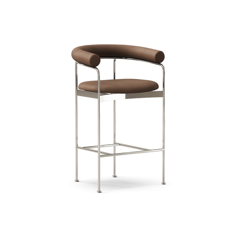 DK3 Baia Counter Stool in Rio Leather Mocca 2880, upholstered counter stool with upholstered back and chrome frame, angled view on white