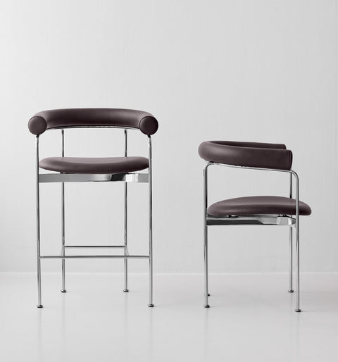 DK3 Baia Counter Stool in brown leather with a chrome frame, beside the matching chair