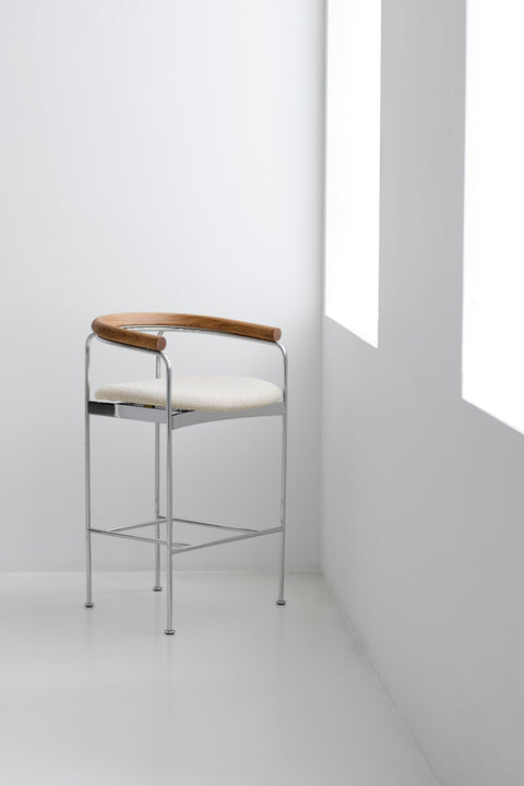 DK3 Baia Counter Stool with an oiled oak back, pale wool seat and chrome frame