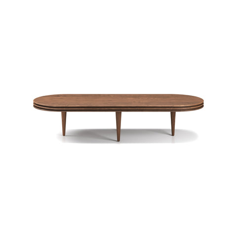 DK3 Groove Coffee Table Oval in Smoked Oak, oval solid oak coffee table with a grooved edge and tapered legs, side view on white