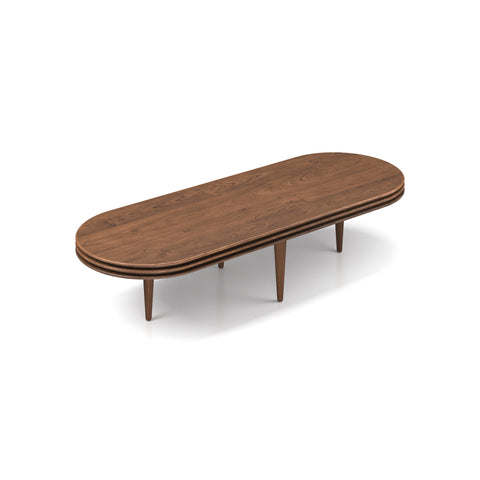 DK3 Groove Coffee Table Oval in Smoked Oak, oval solid oak coffee table with a grooved edge and tapered legs, angled view on white