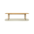 DK3 Kia's Table in Oiled Oak, four-leg solid wood dining table with a sloping edge, front view on white