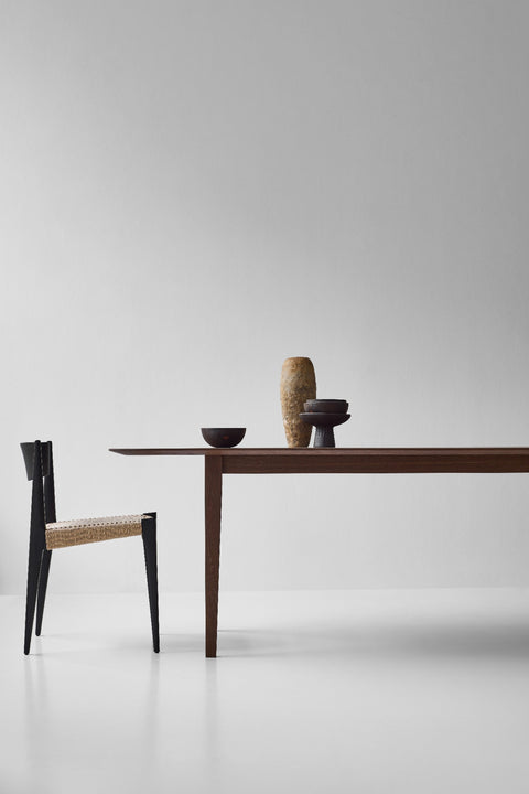 DK3 Kia's Table in smoked oak set with two black framed paper cord chairs