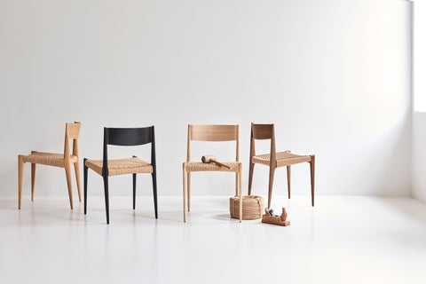 Four DK3 Pia Chairs in oiled oak, black lacquered oak, soaped oak and smoked oak
