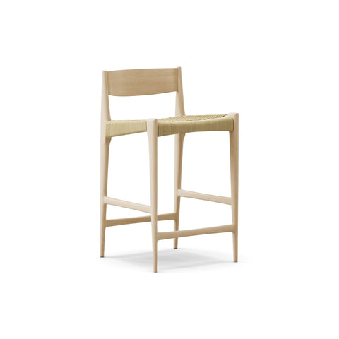 DK3 Pia Counter Stool in Soaped Oak, wooden counter stool with a natural paper cord seat and footrest, angled view on white