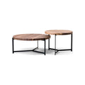 DK3 Plateau Coffee and Side Table in walnut, round solid walnut tops on black steel tripod bases, on white