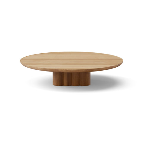 DK3 Plush Coffee Table in Lacquered Oak, round solid wood coffee table on a sculpted cube base, Ø43.3" x 9.1"H size on white