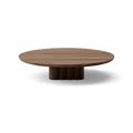 DK3 Plush Coffee Table in Lacquered Walnut, round solid wood coffee table on a sculpted cube base, Ø43.3" x 9.1"H size on white
