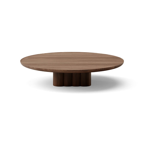 DK3 Plush Coffee Table in Lacquered Walnut, round solid wood coffee table on a sculpted cube base, Ø43.3" x 9.1"H size on white