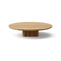 DK3 Plush Coffee Table in Oiled Oak, round solid wood coffee table on a sculpted cube base, Ø43.3" x 9.1"H size on white