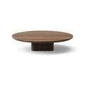DK3 Plush Coffee Table in Smoked Oak, round solid wood coffee table on a sculpted cube base, Ø43.3" x 9.1"H size on white