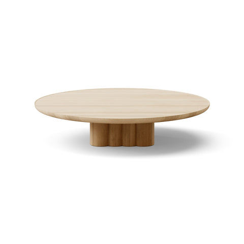 DK3 Plush Coffee Table in Soaped Oak, round solid wood coffee table on a sculpted cube base, Ø43.3" x 9.1"H size on white