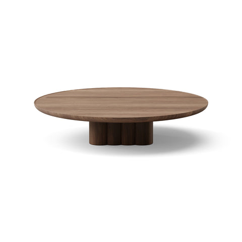 DK3 Plush Coffee Table in Walnut, round solid wood coffee table on a sculpted cube base, Ø43.3" x 9.1"H size on white