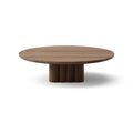 DK3 Plush Coffee Table in Lacquered Walnut, round solid wood coffee table on a sculpted cube base, Ø43.3" x 11.4"H size on white