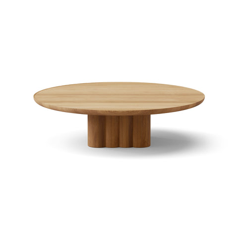 DK3 Plush Coffee Table in Oiled Oak, round solid wood coffee table on a sculpted cube base, Ø43.3" x 11.4"H size on white
