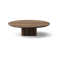 DK3 Plush Coffee Table in Smoked Oak, round solid wood coffee table on a sculpted cube base, Ø43.3" x 11.4"H size on white