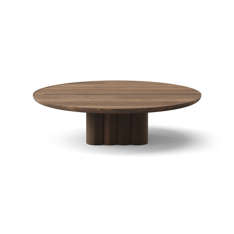 DK3 Plush Coffee Table in Smoked Oak, round solid wood coffee table on a sculpted cube base, Ø43.3" x 11.4"H size on white