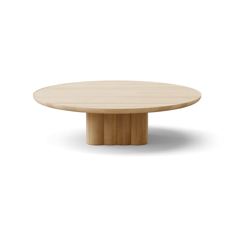DK3 Plush Coffee Table in Soaped Oak, round solid wood coffee table on a sculpted cube base, Ø43.3" x 11.4"H size on white