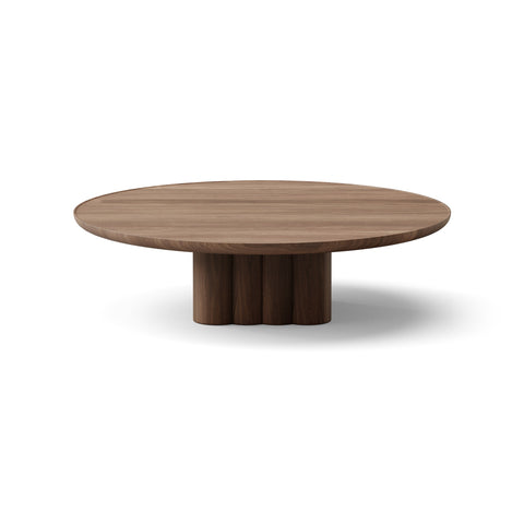 DK3 Plush Coffee Table in Walnut, round solid wood coffee table on a sculpted cube base, Ø43.3" x 11.4"H size on white