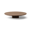 DK3 Plush Coffee Table in Lacquered Walnut, round solid wood coffee table on a sculpted cube base, Ø51.2" x 9.1"H size on white