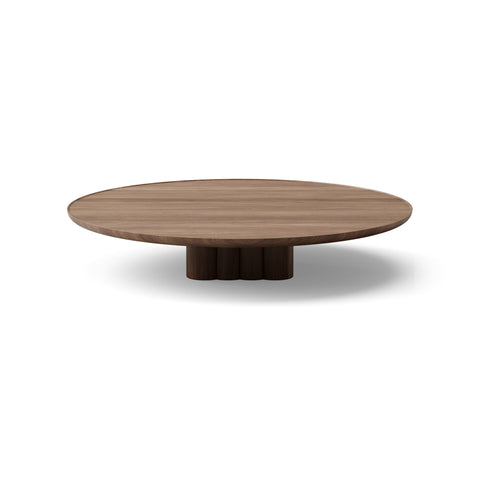 DK3 Plush Coffee Table in Lacquered Walnut, round solid wood coffee table on a sculpted cube base, Ø51.2" x 9.1"H size on white