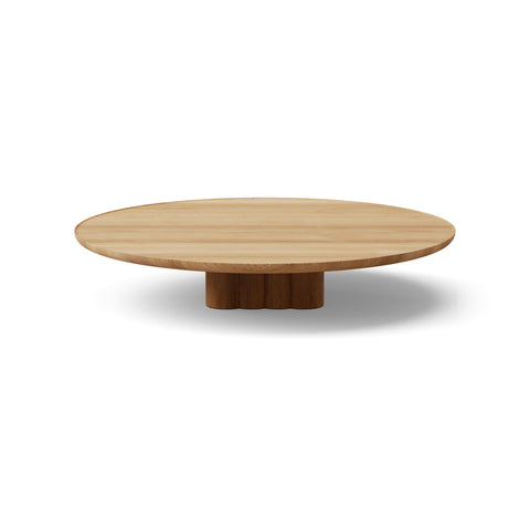 DK3 Plush Coffee Table in Oiled Oak, round solid wood coffee table on a sculpted cube base, Ø51.2" x 9.1"H size on white