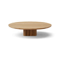 DK3 Plush Coffee Table in Lacquered Oak, round solid wood coffee table on a sculpted cube base, Ø51.2" x 11.4"H size on white