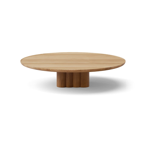 DK3 Plush Coffee Table in Lacquered Oak, round solid wood coffee table on a sculpted cube base, Ø51.2" x 11.4"H size on white