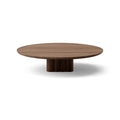 DK3 Plush Coffee Table in Lacquered Walnut, round solid wood coffee table on a sculpted cube base, Ø51.2" x 11.4"H size on white