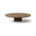 DK3 Plush Coffee Table in Smoked Oak, round solid wood coffee table on a sculpted cube base, Ø51.2" x 11.4"H size on white