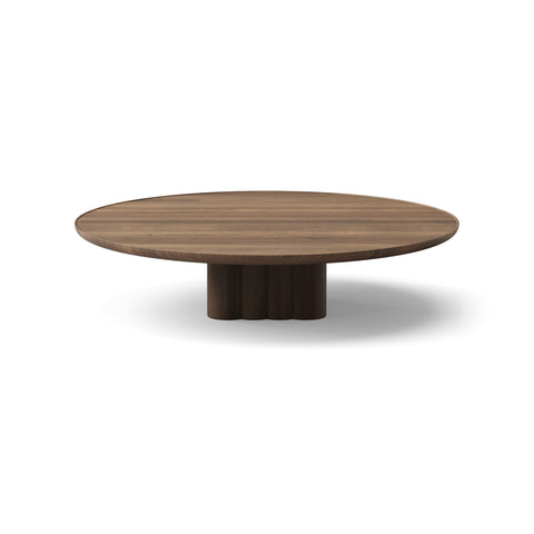DK3 Plush Coffee Table in Smoked Oak, round solid wood coffee table on a sculpted cube base, Ø51.2" x 11.4"H size on white