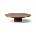 DK3 Plush Coffee Table in Walnut, round solid wood coffee table on a sculpted cube base, Ø51.2" x 11.4"H size on white