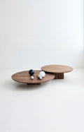 DK3 Plush Coffee Table in smoked oak, two round tables at different heights