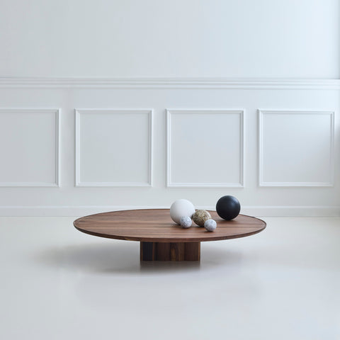 DK3 Plush Coffee Table in smoked oak in a white panelled room