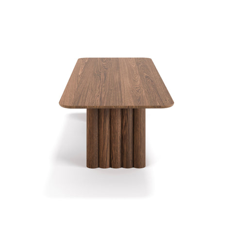 DK3 Plush Table Rectangular in Smoked Oak, solid wood dining table with soft rounded legs, end view on white
