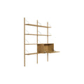 DK3 Royal System Shelving 2 Bay with Drop-Front Cabinet in Oiled Oak and Stainless Steel, oak wall shelving, drop front lowered, angled view on white