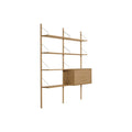 DK3 Royal System Shelving 2 Bay with Drop-Front Cabinet in Oiled Oak and Stainless Steel, oak wall shelving, cabinet closed, angled view on white