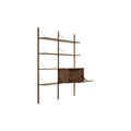 DK3 Royal System Shelving 2 Bay with Drop-Front Cabinet in Walnut and Brass, walnut wall shelving, drop front lowered, angled view on white