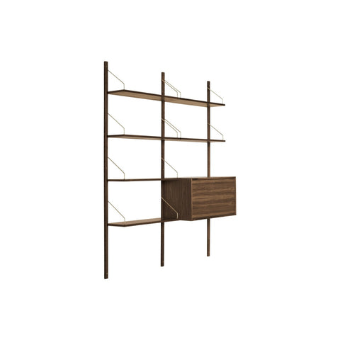 DK3 Royal System Shelving 2 Bay with Drop-Front Cabinet in Walnut and Brass, walnut wall shelving, cabinet closed, angled view on white