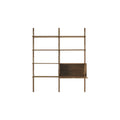 DK3 Royal System Shelving 2 Bay with Drop-Front Cabinet in Walnut and Brass, walnut wall shelving, drop front lowered, front view on white