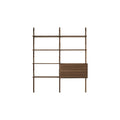 DK3 Royal System Shelving 2 Bay with Drop-Front Cabinet in Walnut and Brass, walnut wall shelving, cabinet closed, front view on white